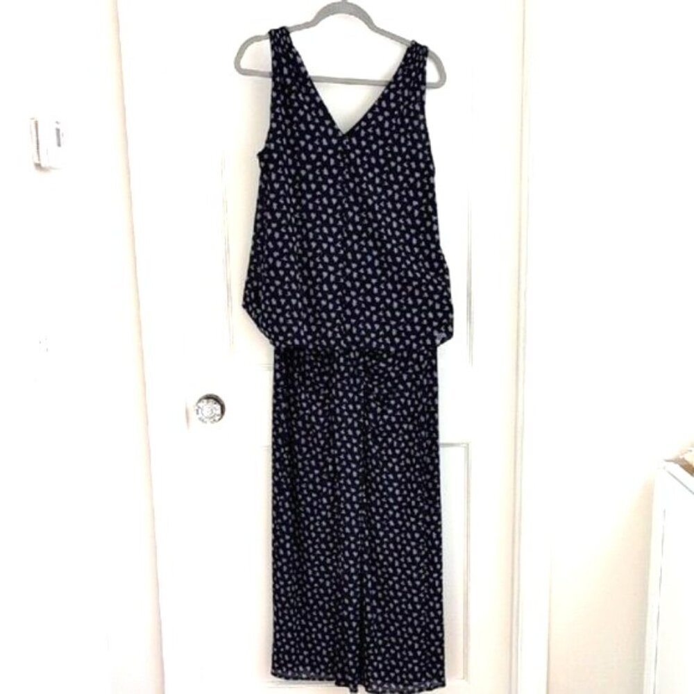 CAbi Island Tank #5916 & Midi Skirt #5887 Set Navy Lilac Floral Mesh Knit EUC M